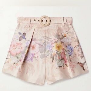 Zimmermann Floral High-Waist Belted Shorts - Pale Pink